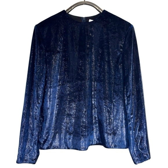 TIBI TESS BLUE METALLIC VELVET LONG SLEEVE SHOULDER PAD HOLIDAY EVENING TOP - Picture 5 of 15
